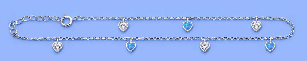 Silver CZ Heart Charm Anklet