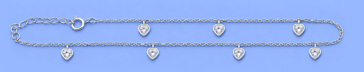 Silver CZ Heart Charm Anklet