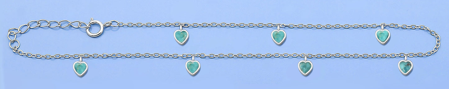 Silver Stone Anklet - Heart Turquoise Charms