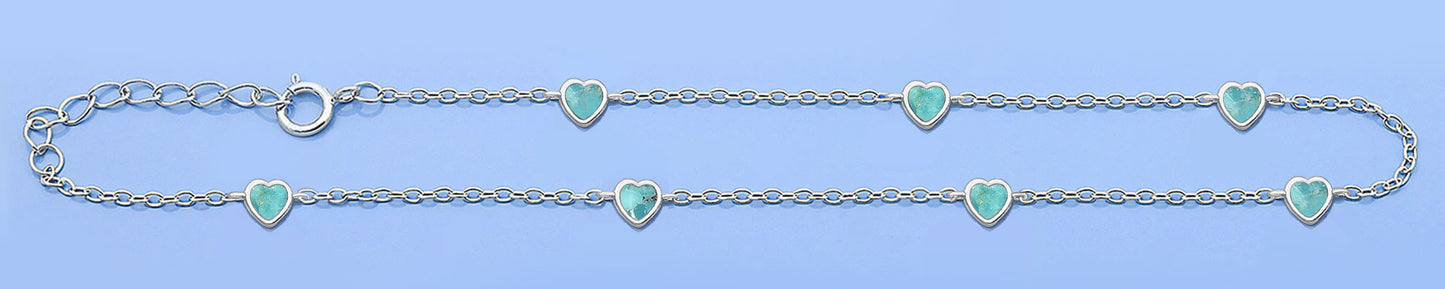 Silver Stone Anklet - Heart Turquoise Charms