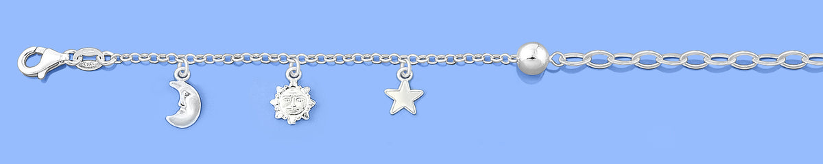 Silver Charm Bracelet - Moon, Sun, Star