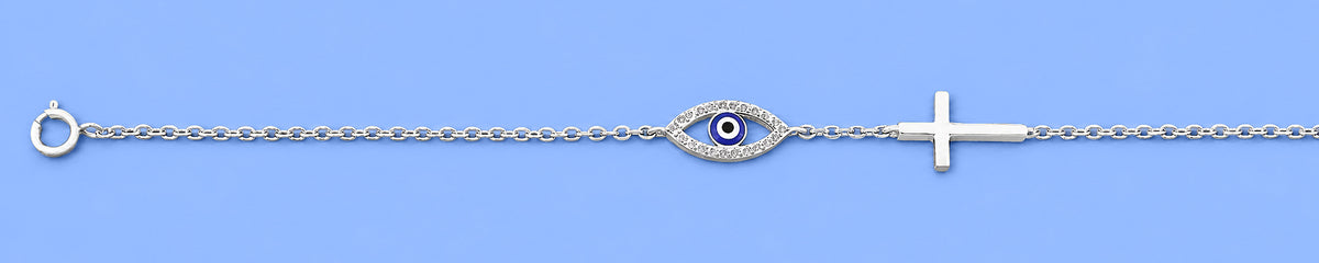 Silver CZ Bracelet - Evil Eye & Cross