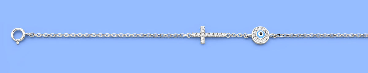 Silver CZ Anklet - Cross & Evil Eye