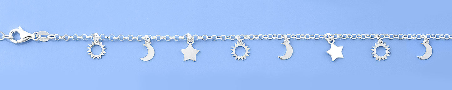 Silver Childrens Charm Bracelet - Sum, Moon, Star