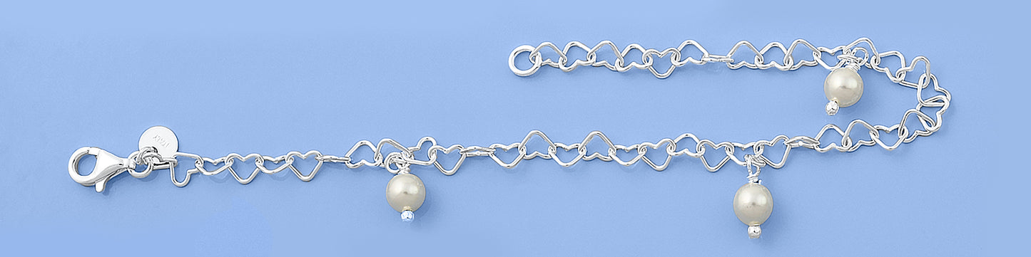 Silver Heart & Pearl Charm Bracelet