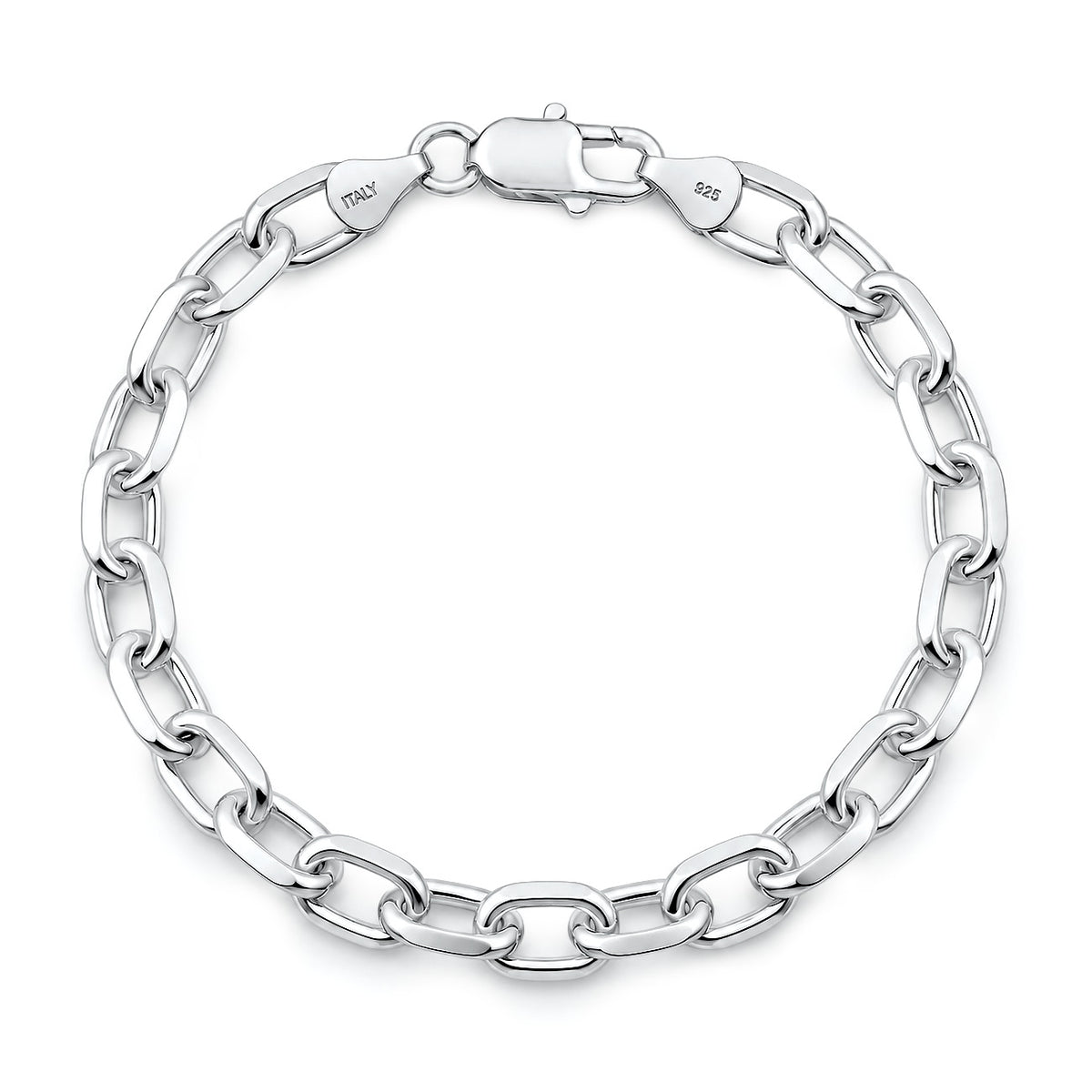 Silver Beveled Edge Oval Link Bracelet - 7.4 mm