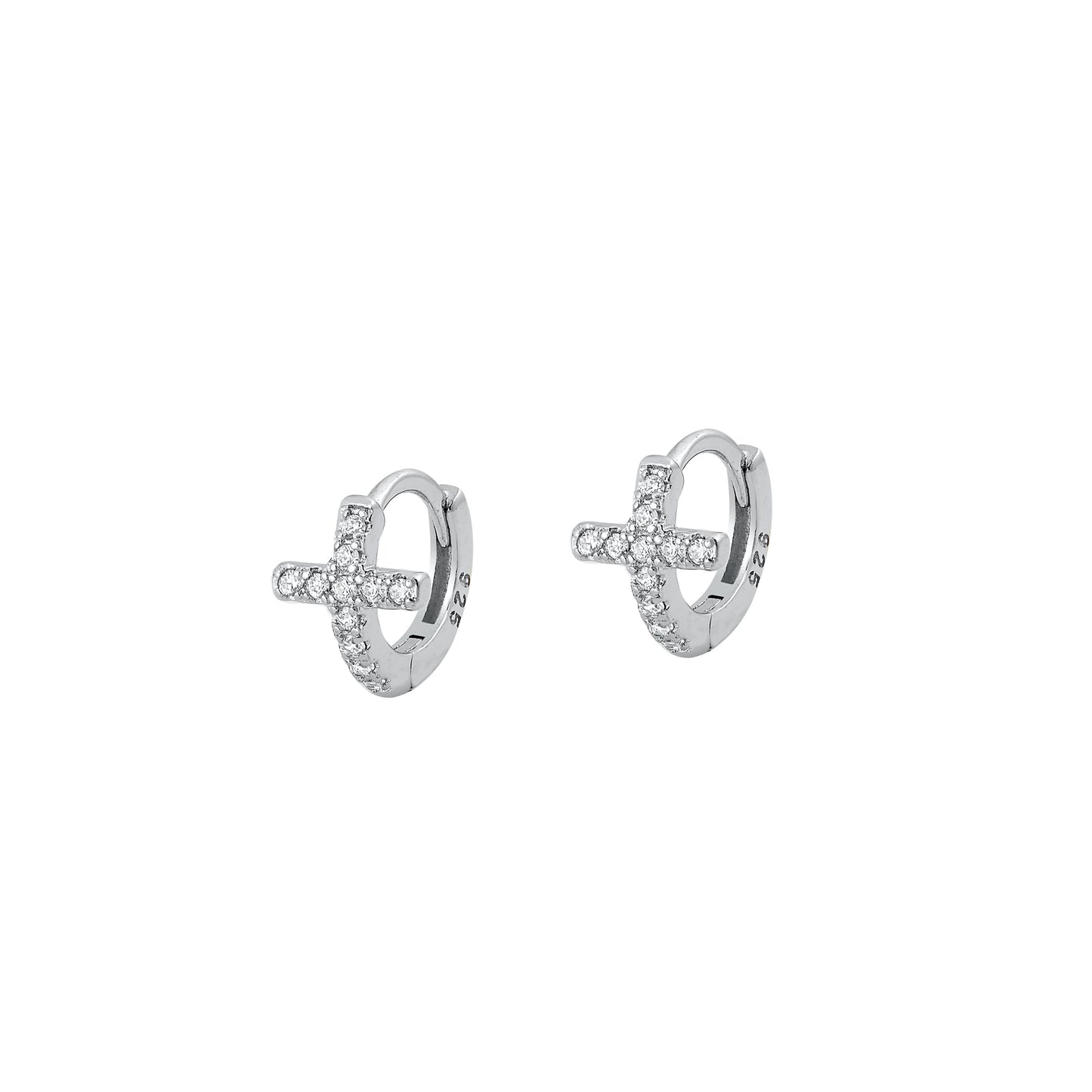 Silver CZ Huggie Earrings - Cross
