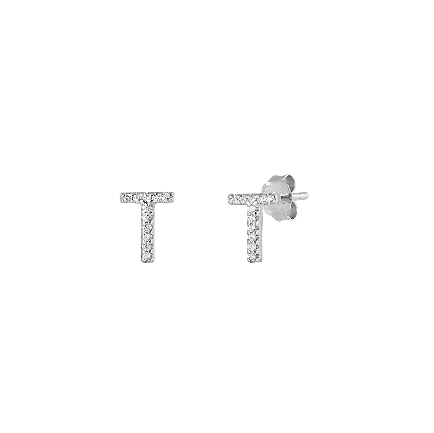 Silver CZ Initial Earrings - T