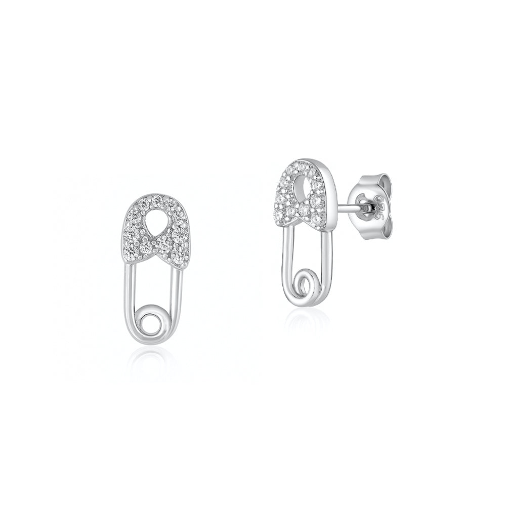 Silver CZ Earrings - Safety Pin