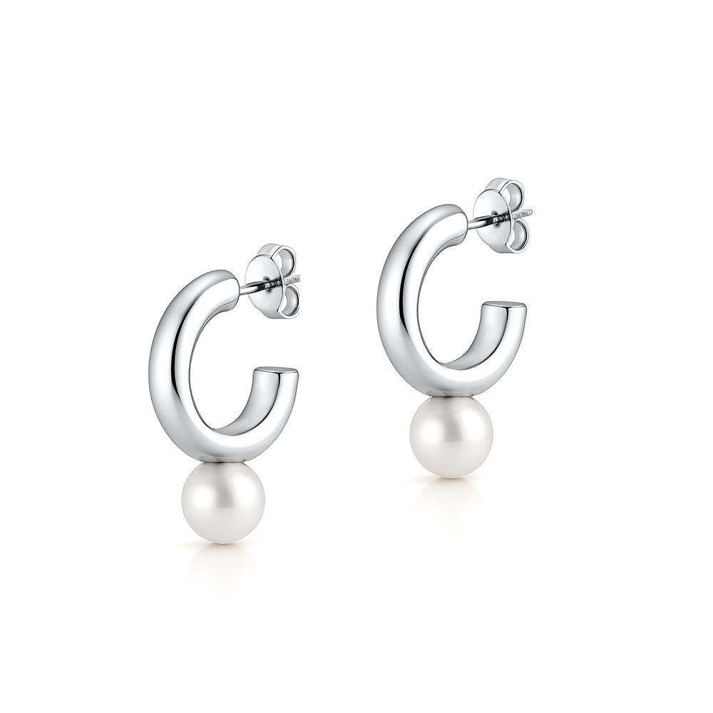 Silver Pearl Open Hoop Earrings