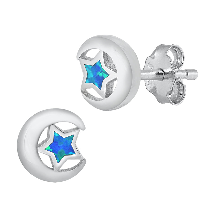 Silver Lab Opal Earrings - Moon & Star