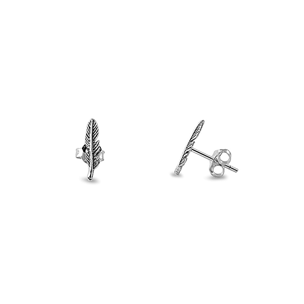 Silver Stud Earrings -Feather