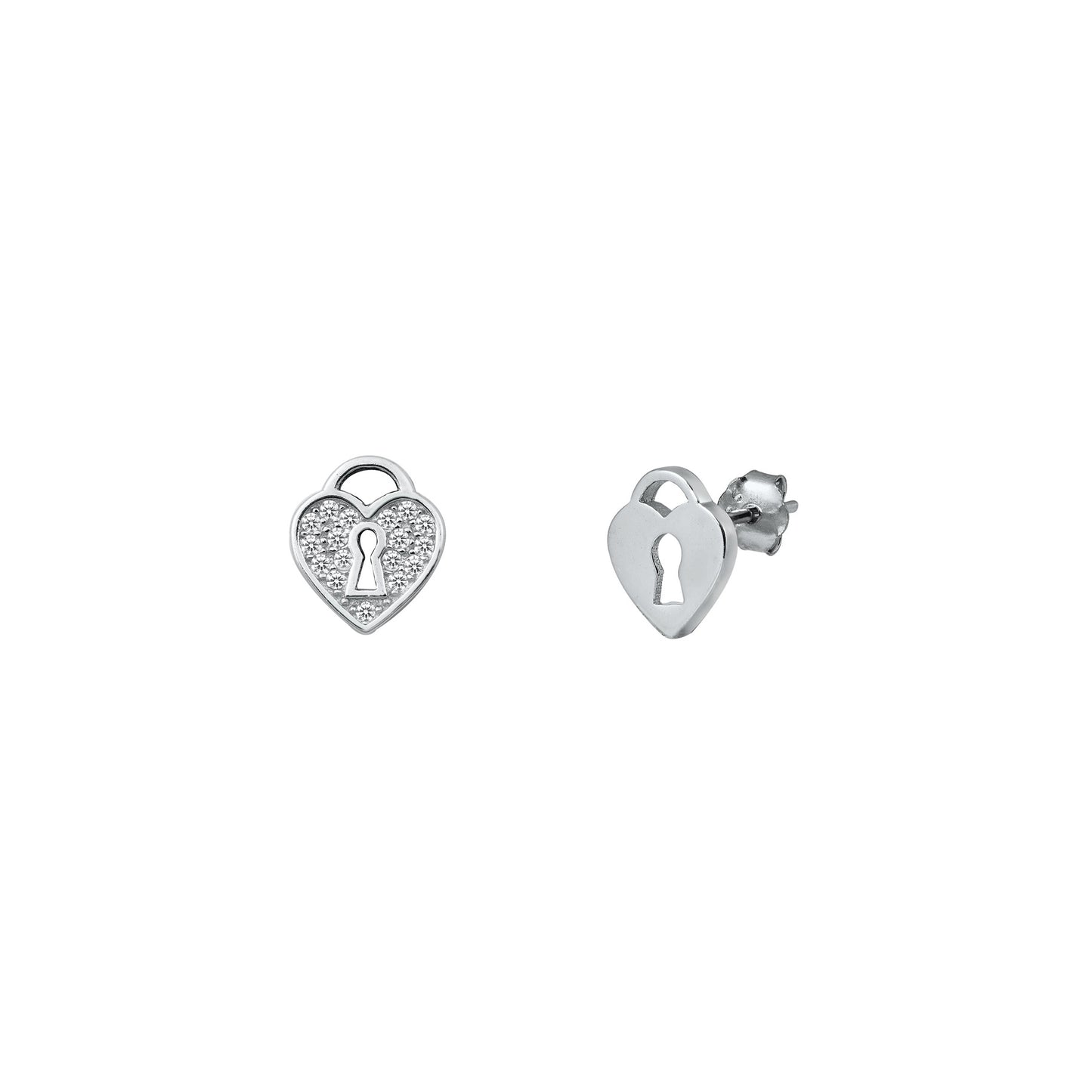 Silver Stud Earrings - Heart Lock
