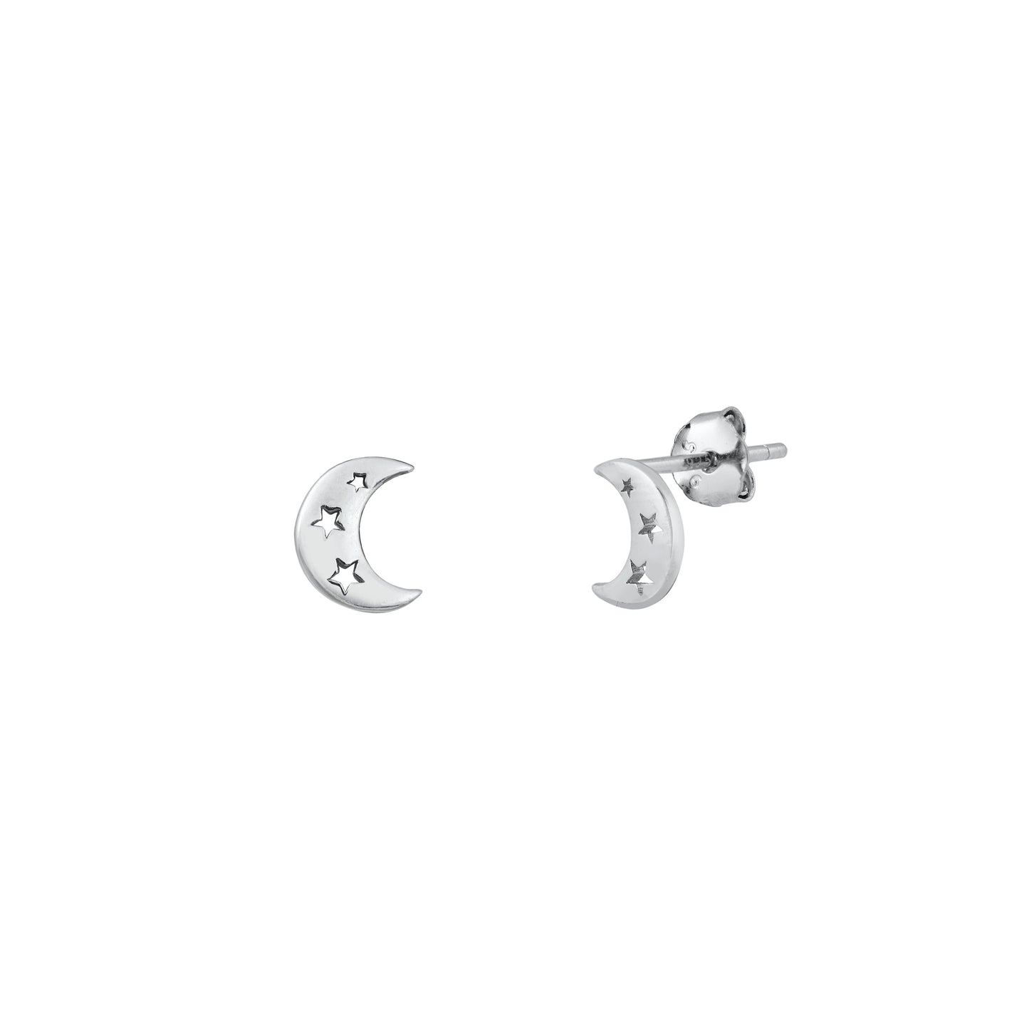 Silver Stud Earrings - Moon with Stars