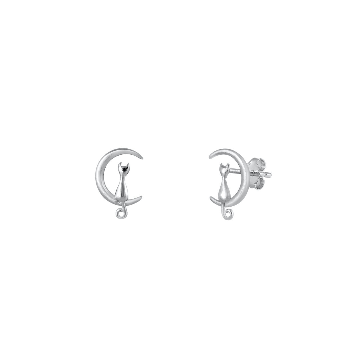 Silver Stud Earrings - Cat on Moon
