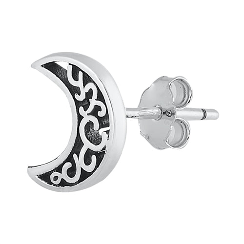 Silver Stud Earrings - Filigree Moon