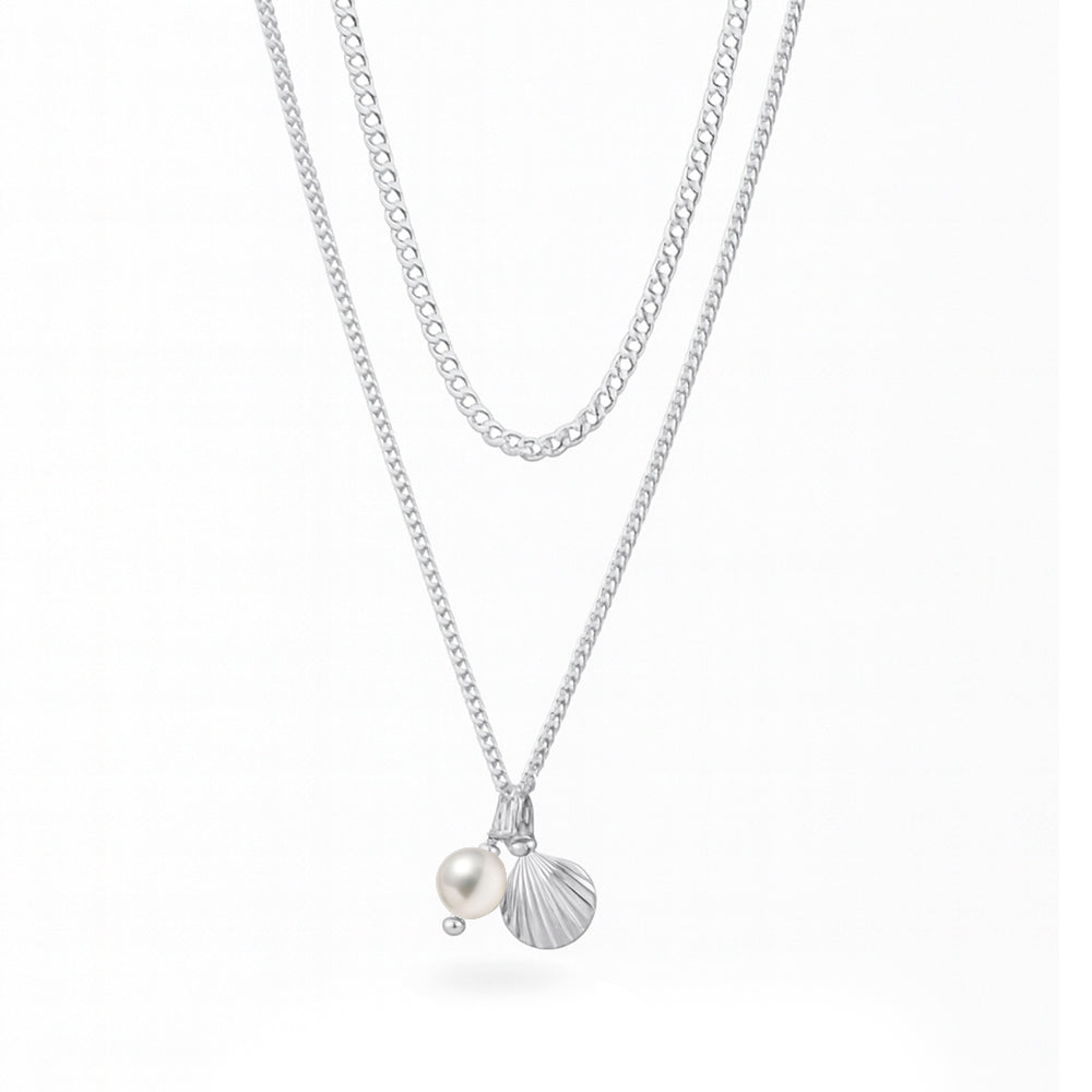 Silver Necklace - Seashell & Pearl