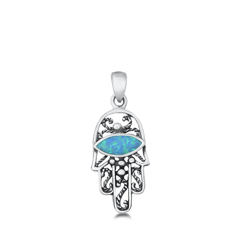 Hamsa Hand Pendant Necklace – Lab-Created Blue Opal, Gold Plated 925 Sterling Silver