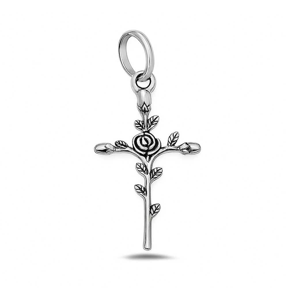 Silver Pendant - Cross w/ Rose