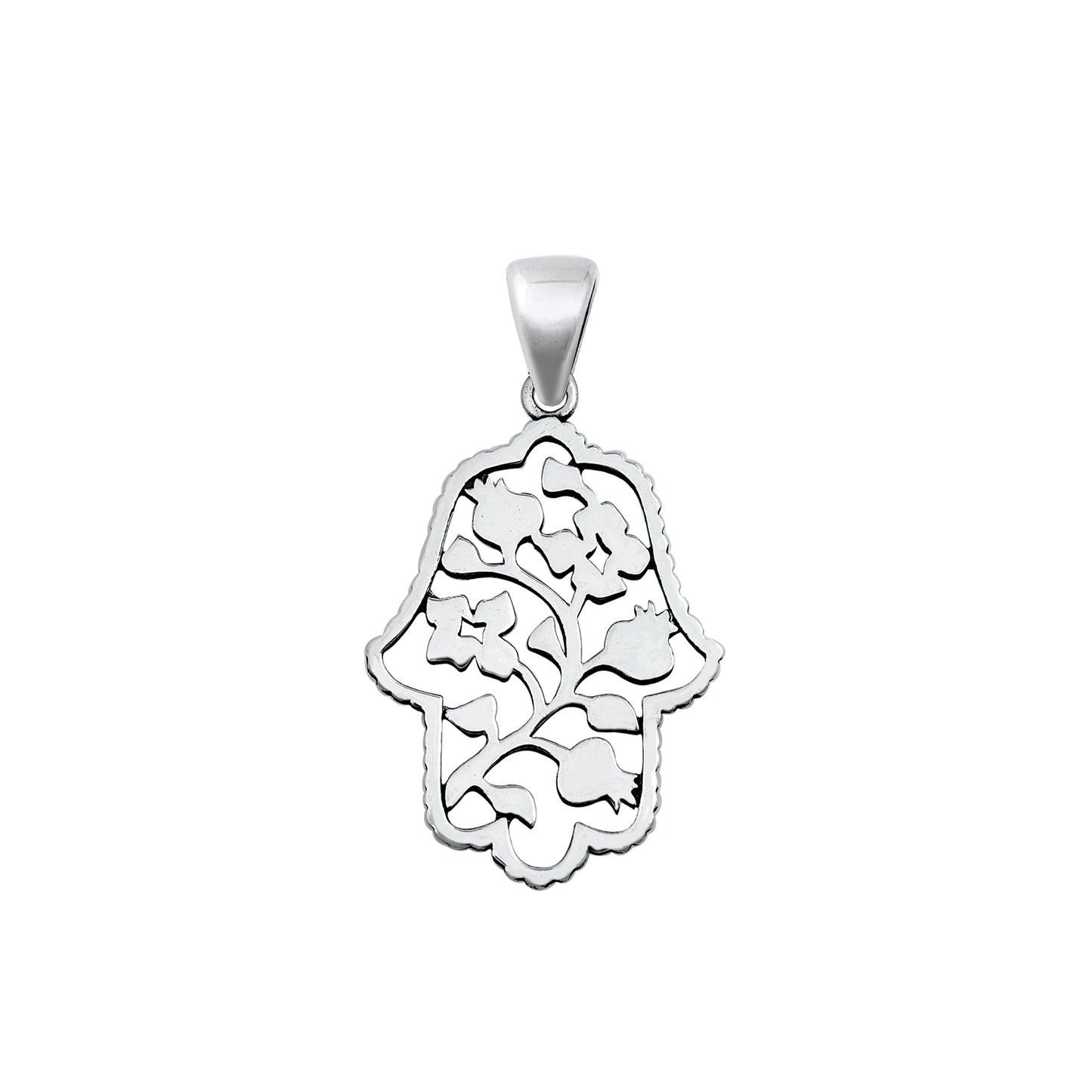 Silver Pendant - Hamsa & Flowers