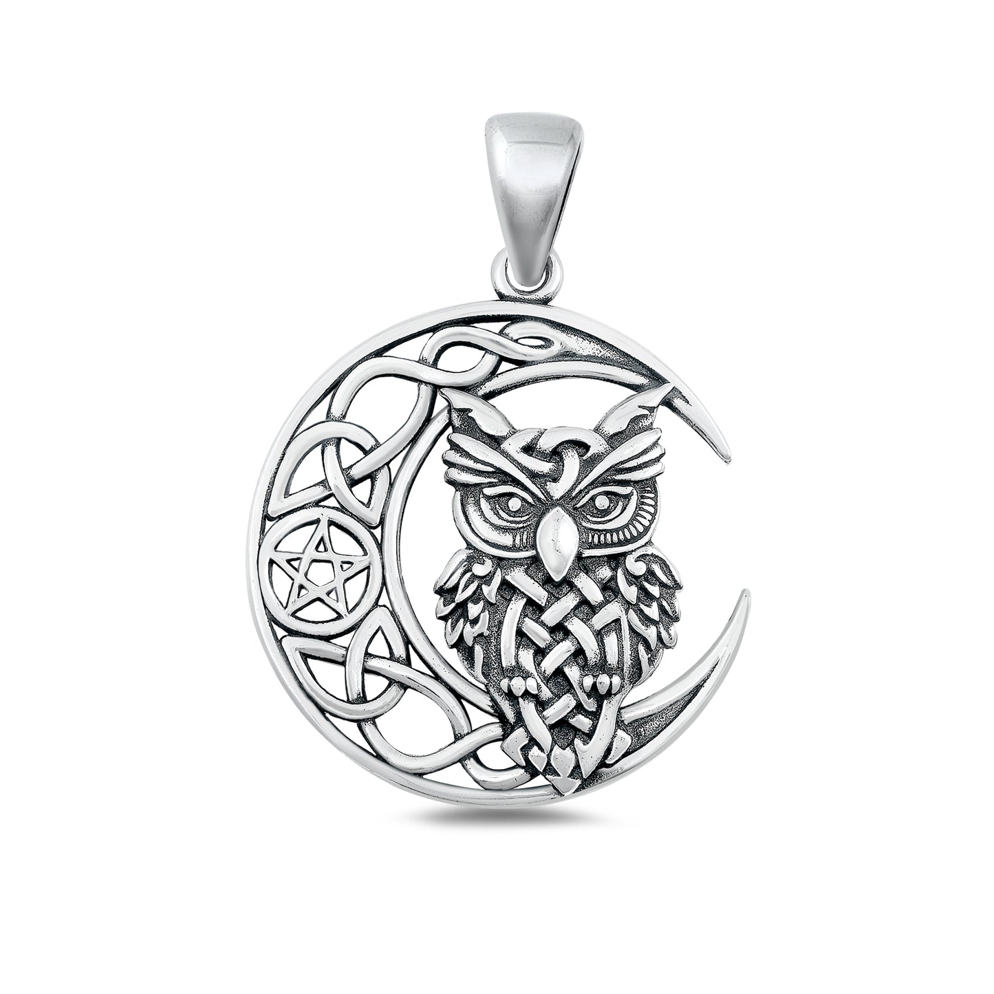 Silver Pendant - Owl & Celtic Moon