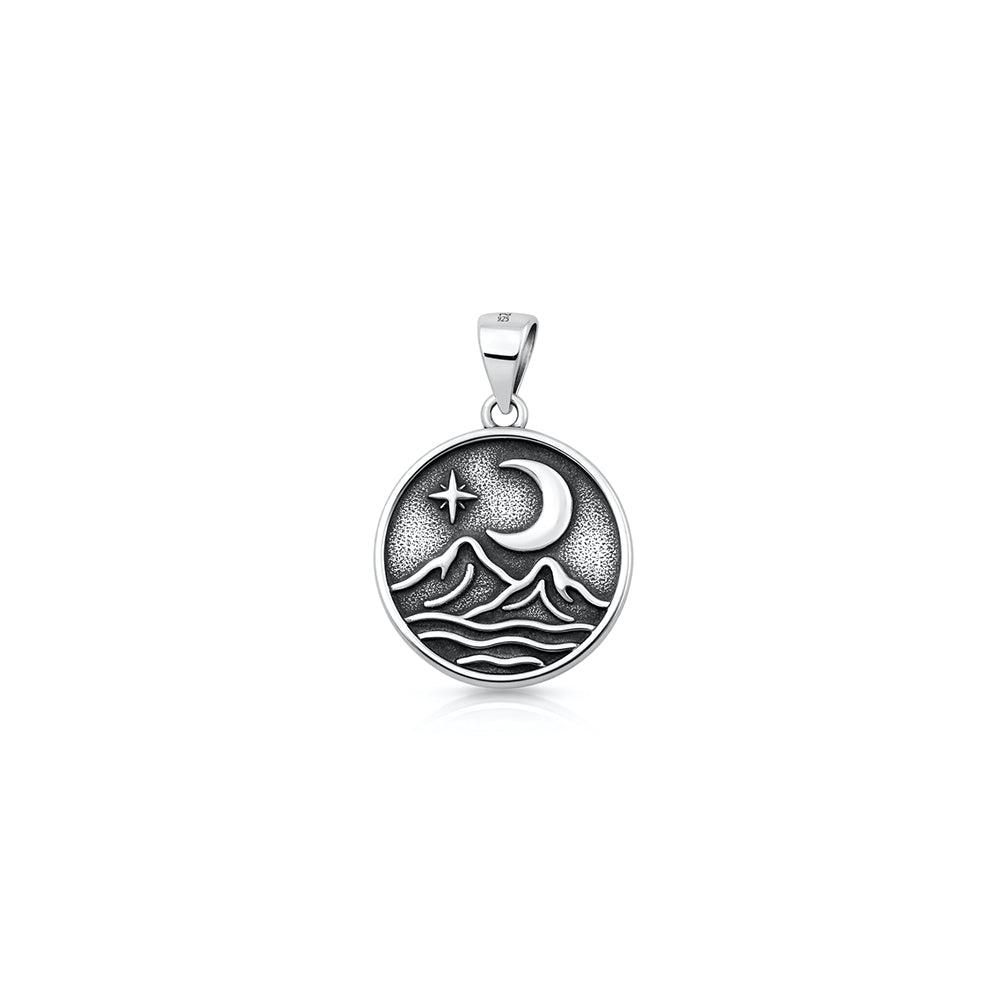 Silver Pendant - Moon & Mountains