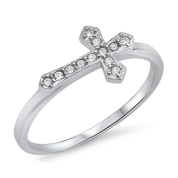 Silver CZ Ring - Sideways Cross