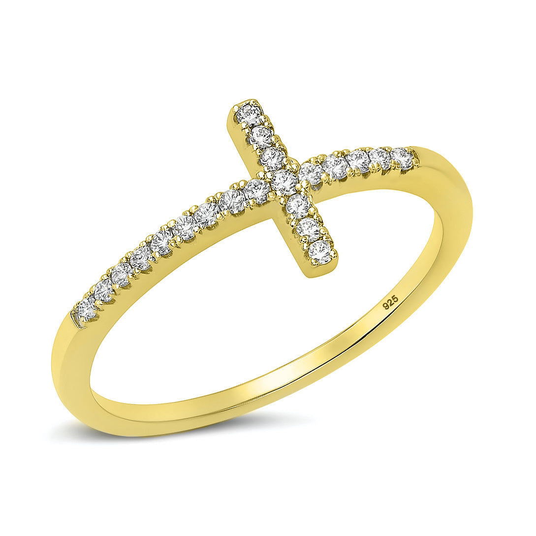 Silver CZ Ring - Sideways Cross