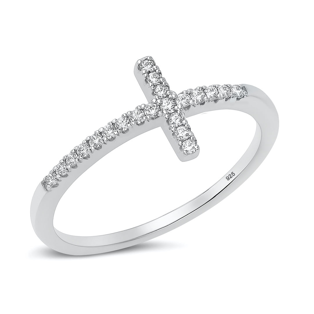 Silver CZ Ring - Sideways Cross