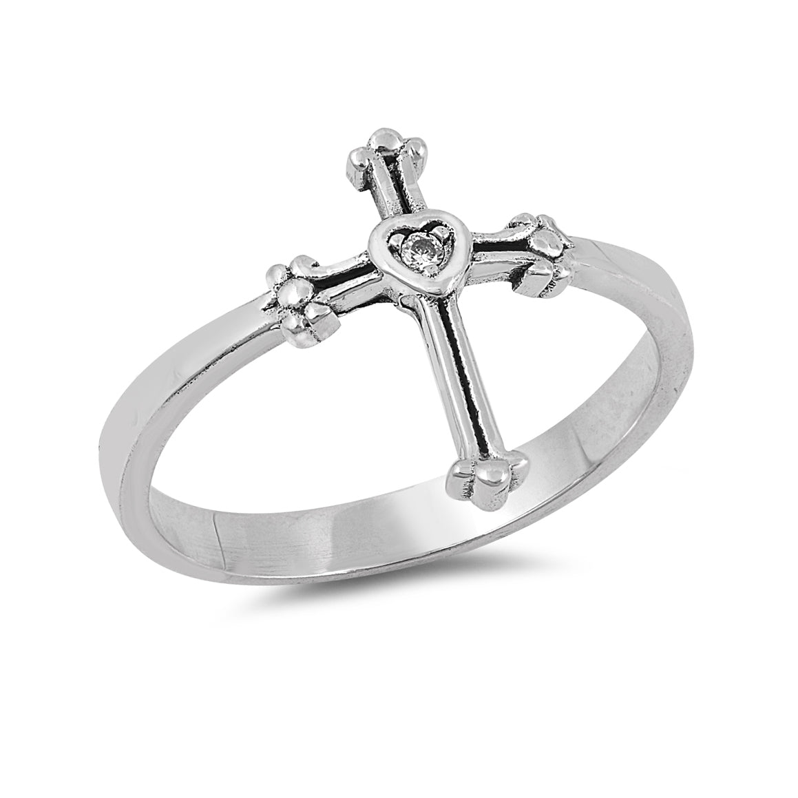 Silver CZ Ring - Cross w/ Heart