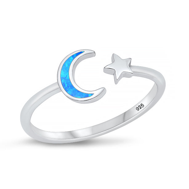 Silver Lab Opal Ring - Moon and Star