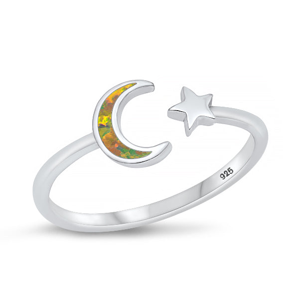 Silver Lab Opal Ring - Moon and Star