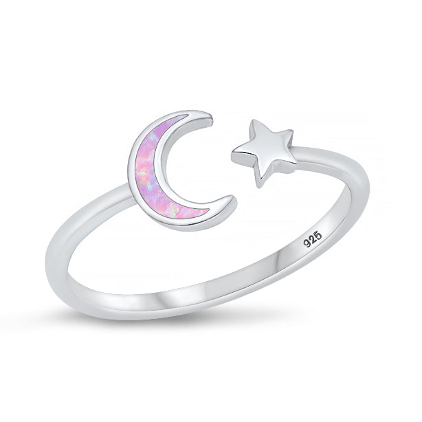 Silver Lab Opal Ring - Moon and Star
