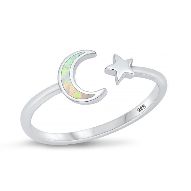 Silver Lab Opal Ring - Moon and Star