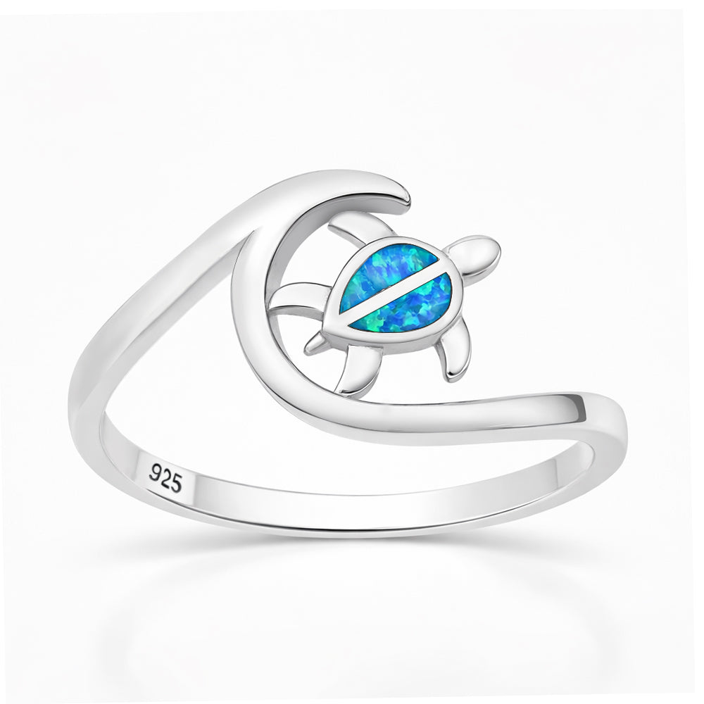 Silver Lab Opal Ring - Turtle & Wave