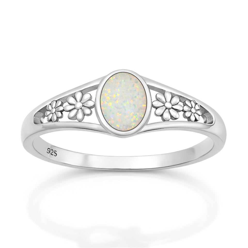 Silver Lab Opal Ring - Flowers