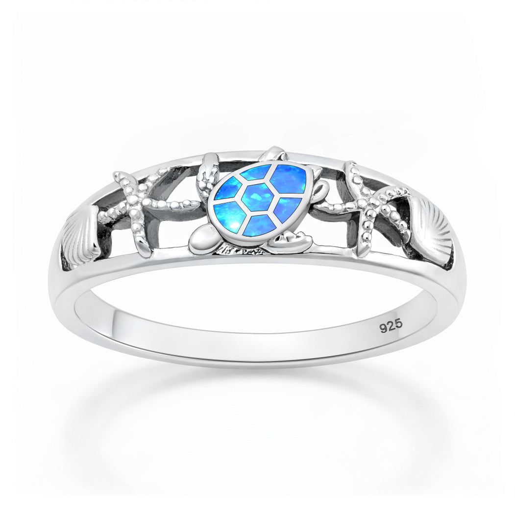 Silver Lab Opal Ring - Turtle Starfish Seashell