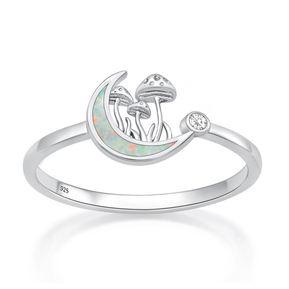Silver Lab Opal Ring - Moon & Mushrooms