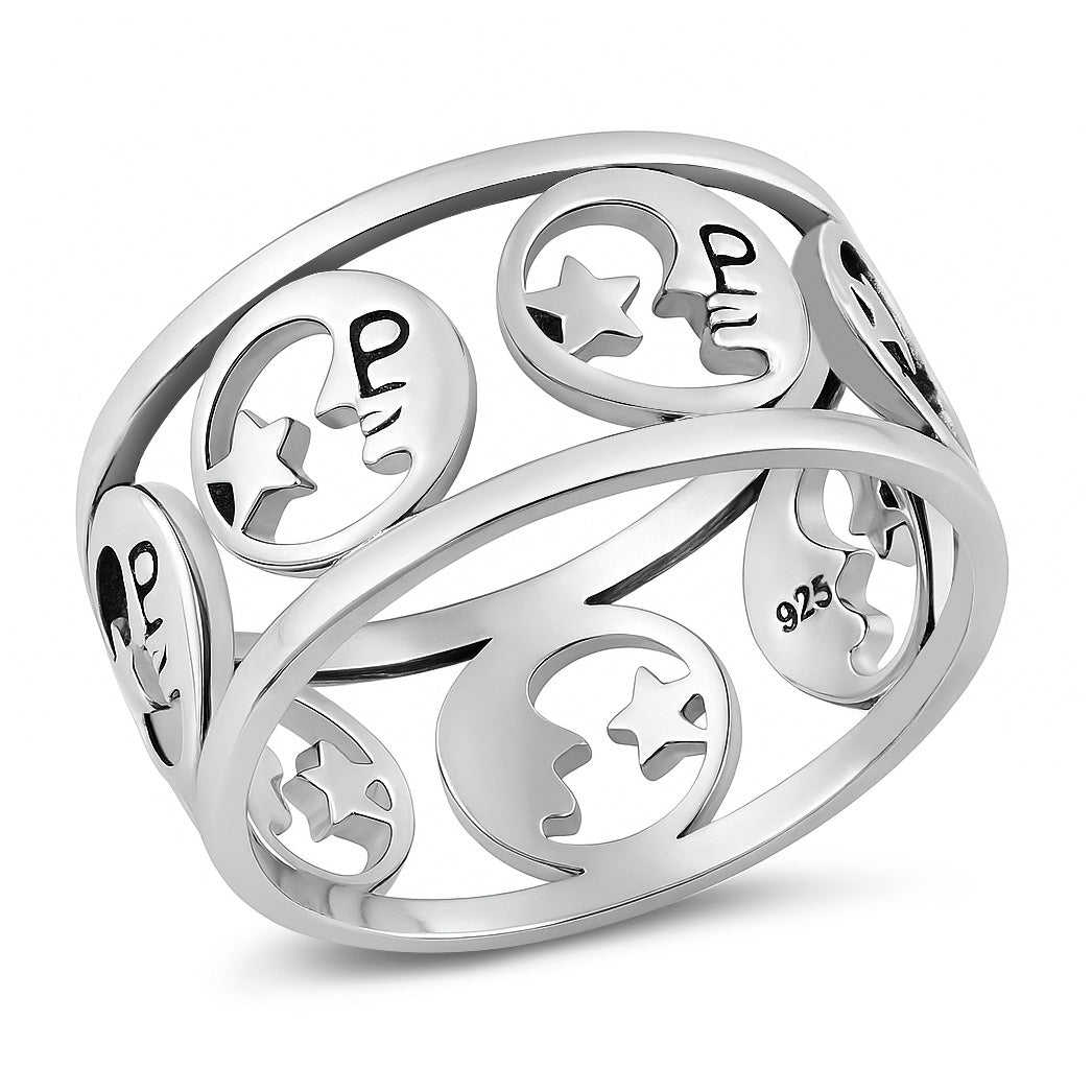 Silver Ring - Crescent Moon and Star