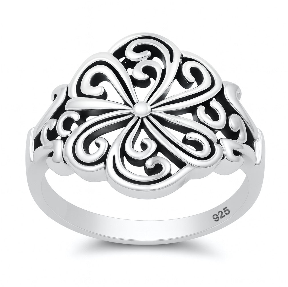 Silver Vintage Scroll Flower Ring