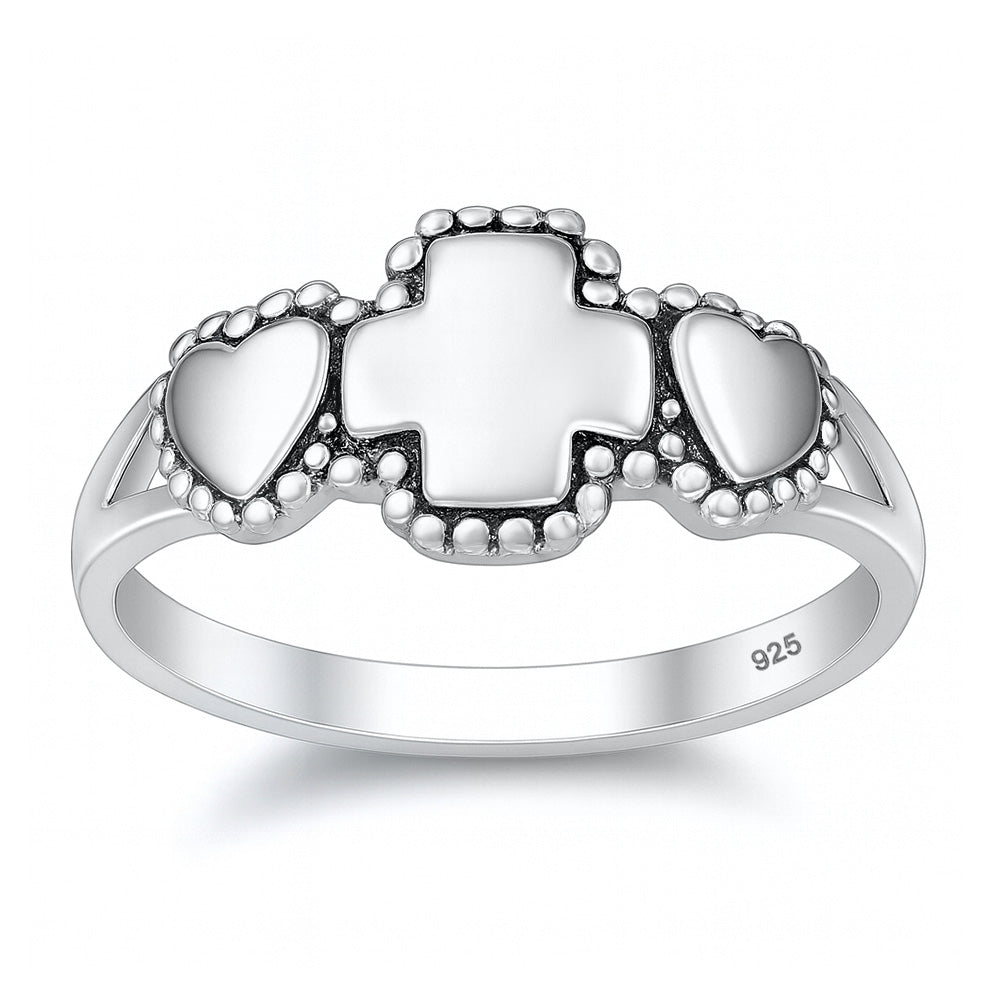 Silver Ring - Cross and Heart