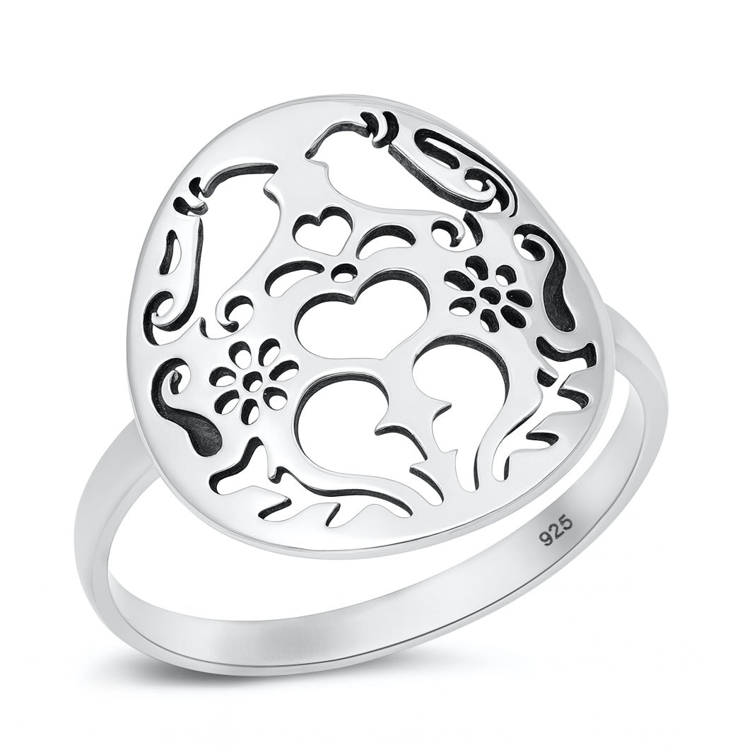 Silver Ring - Cutout Birds & Hearts