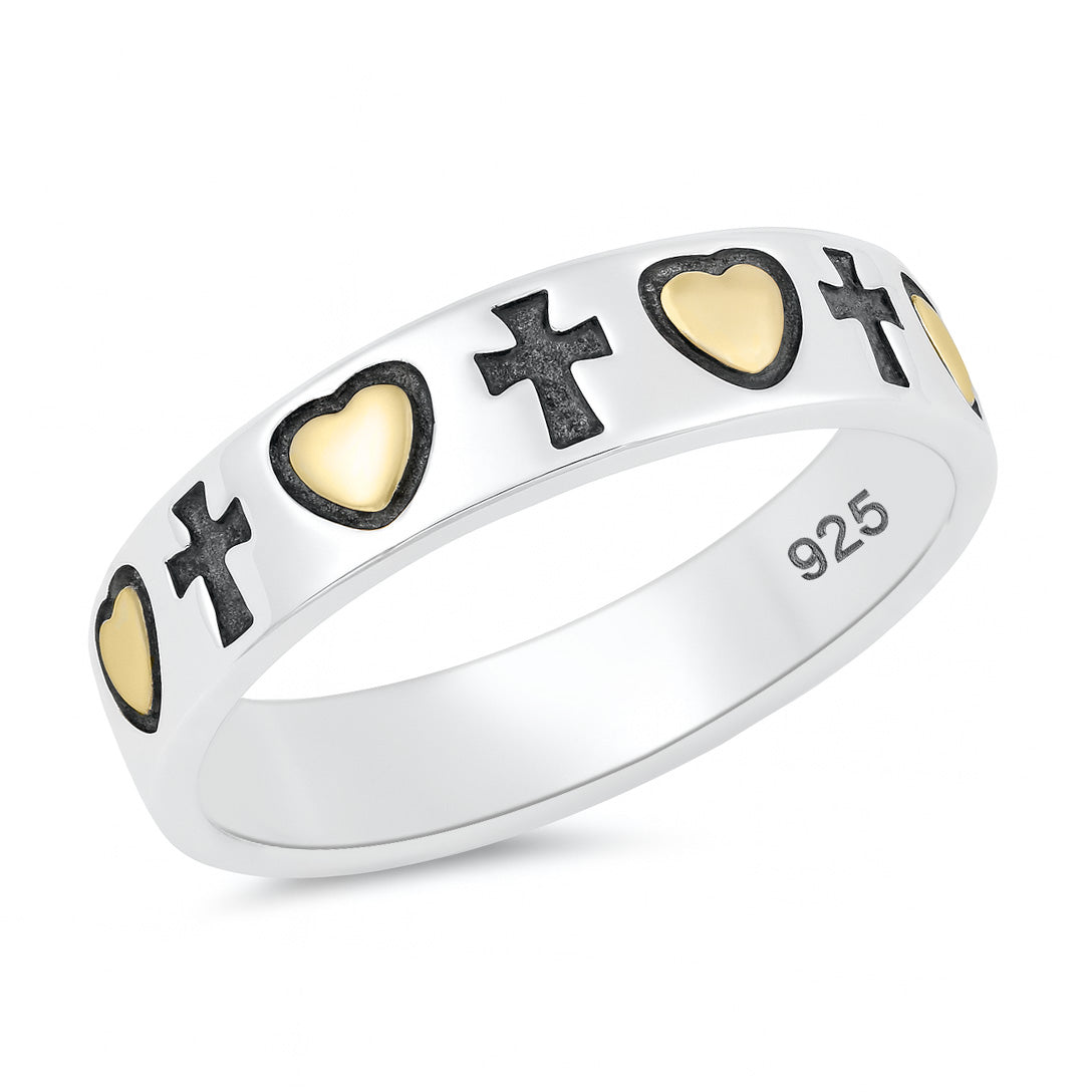 Silver Ring - Cross and Heart