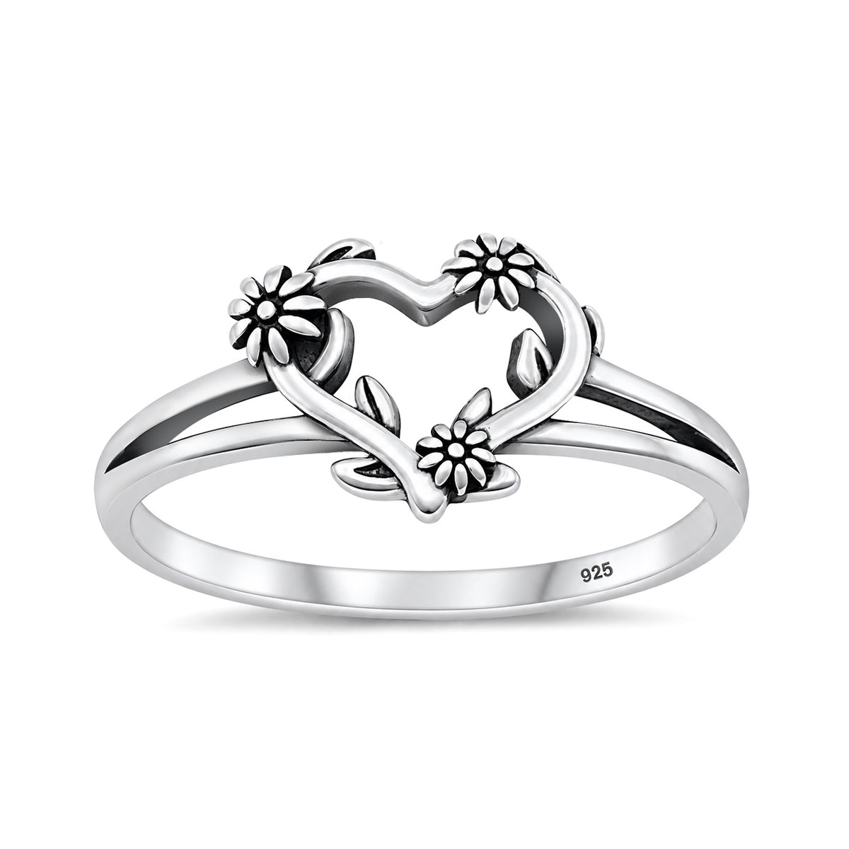 Silver Heart & Flower Ring