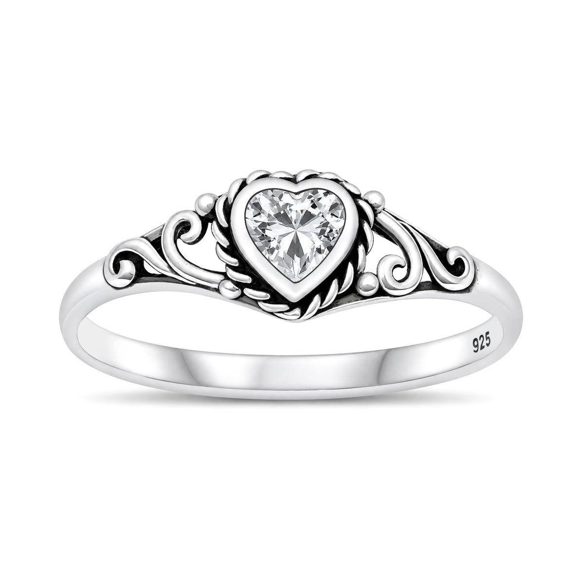 Silver Heart Scroll Stone Ring