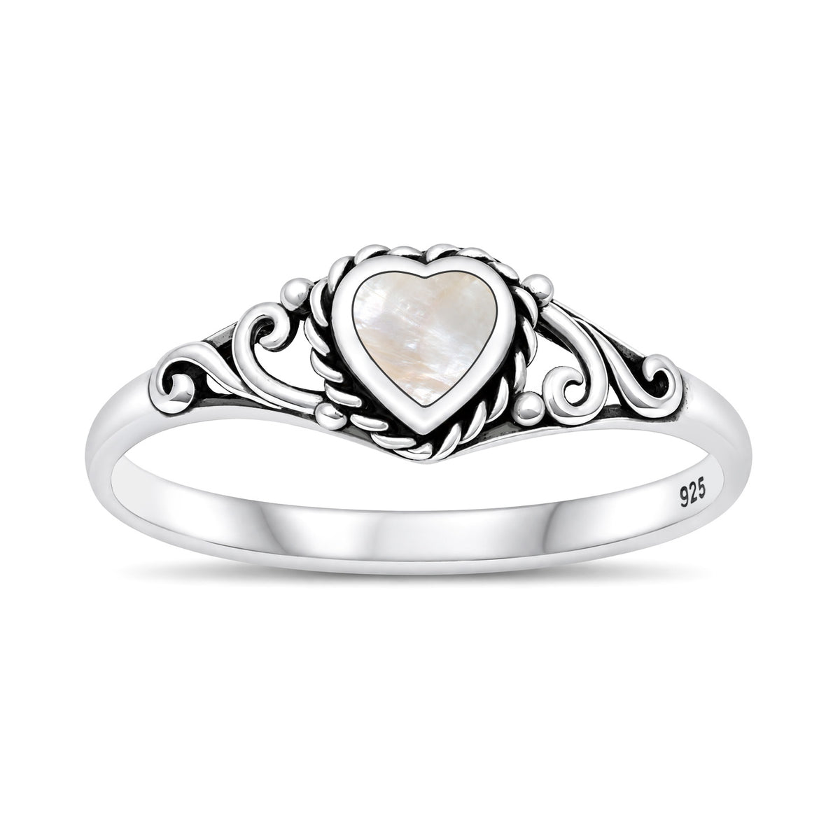 Silver Heart Scroll Stone Ring