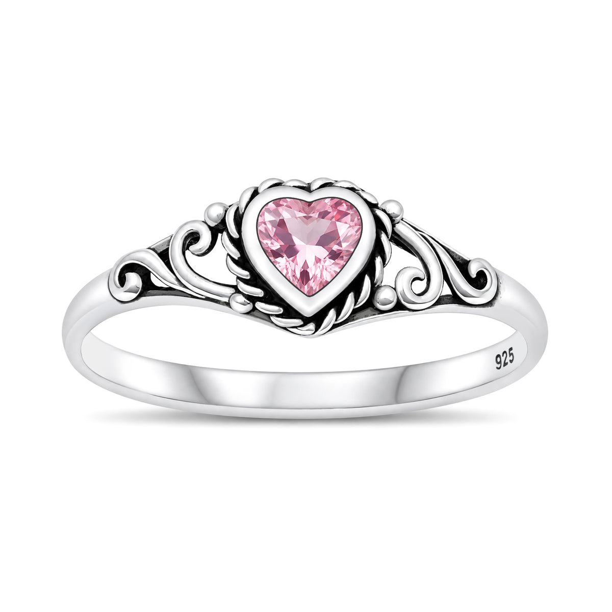 Silver Heart Scroll Stone Ring