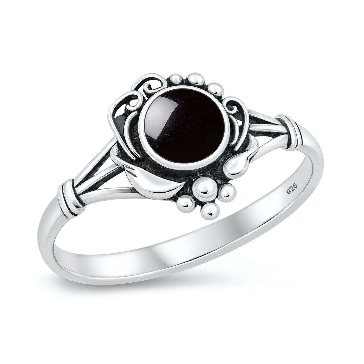 Silver Beaded Floral Stone Ring