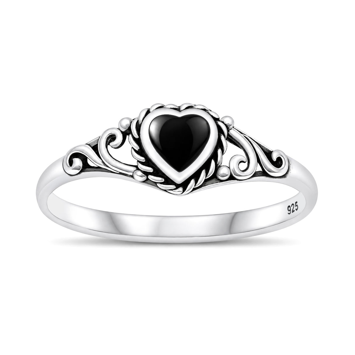 Silver Heart Scroll Stone Ring
