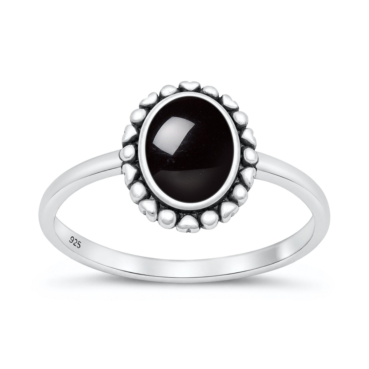 Silver Oval Stone Ring with Heart Border